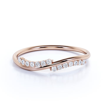 Slick Curved Stacking Wedding Band Ring with Round Shaped Diamonds in Rose Gold