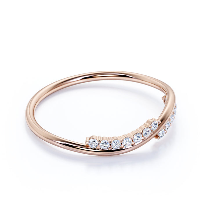 Slick Curved Stacking Wedding Band Ring with Round Shaped Diamonds in Rose Gold