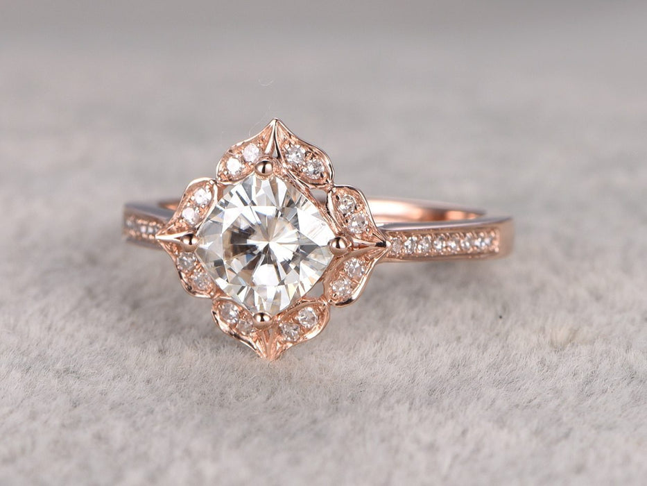 1.25 Carat Antique Flower Design Cushion Cut Moissanite and Diamond Engagement Ring in Rose Gold