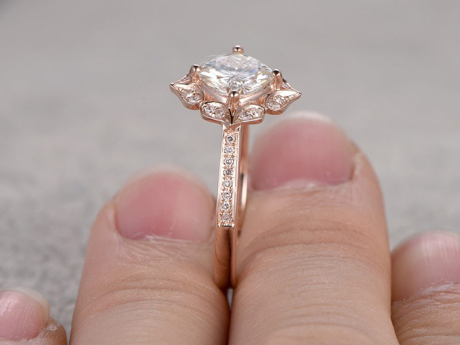 1.25 Carat Antique Flower Design Cushion Cut Moissanite and Diamond Engagement Ring in Rose Gold