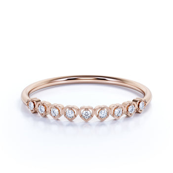 Semi Eternity Heart Shape Wedding Ring Band with Round Shape Diamonds Stacking Ring in rose Gold