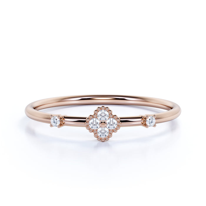 Dainty Flower Stacking Ring with Round Shape Diamonds in Rose Gold