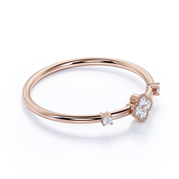 Dainty Flower Stacking Ring with Round Shape Diamonds in Rose Gold