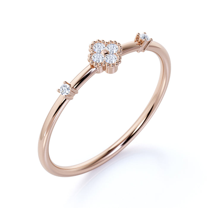 Dainty Flower Stacking Ring with Round Shape Diamonds in Rose Gold