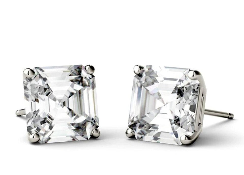 4 Prong 2 Carat Asscher Cut Moissanite Solitaire Stud Earrings in White Gold