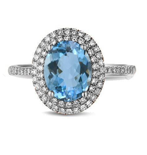 Huge 2.50 Carat Oval Cut Aquamarine and Diamond Double Halo Engagement Ring in White Gold