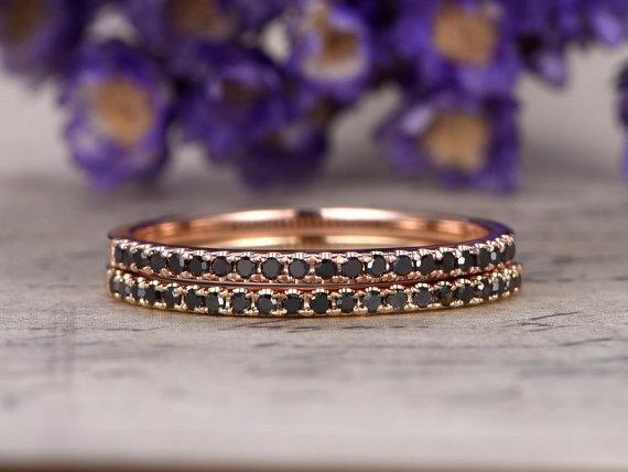 .50 Carat Round Cut Black Diamond Pair of 2 Wedding Ring Bands in Rose Gold