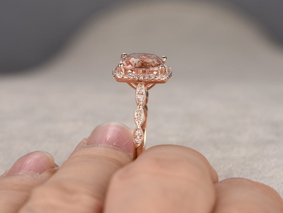 Unique 2 Carat Cushion Cut Morganite and Diamond Art Deco Engagement Ring in Rose Gold