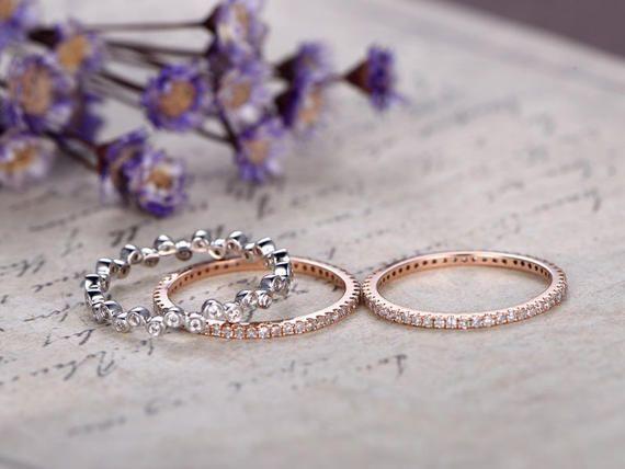 Perfect set of 3 Trio Wedding Ring Bands with 1 Carat diamond in Rose and White Gold