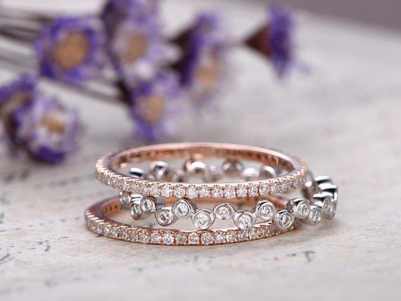 Perfect set of 3 Trio Wedding Ring Bands with 1 Carat diamond in Rose and White Gold