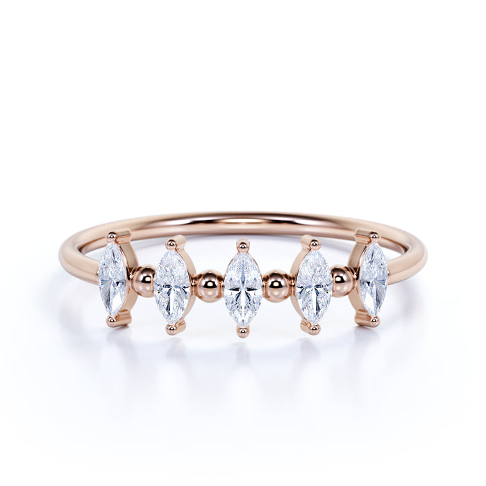 Stunning 5 Stone Marquise Cut Diamond Stackable Wedding Ring Band in Rose Gold