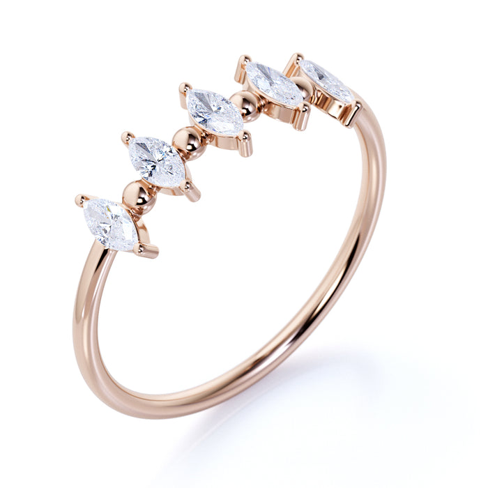 Stunning 5 Stone Marquise Cut Diamond Stackable Wedding Ring Band in Rose Gold