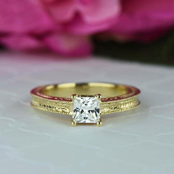 Engraved 0.5 Princess Cut Engagement Ring in Yellow Gold over Sterling Silver