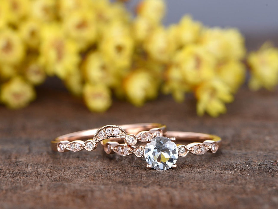 Beautiful 1.50 Carat Round Cut Aquamarine and Diamond Wedding Set in Rose Gold