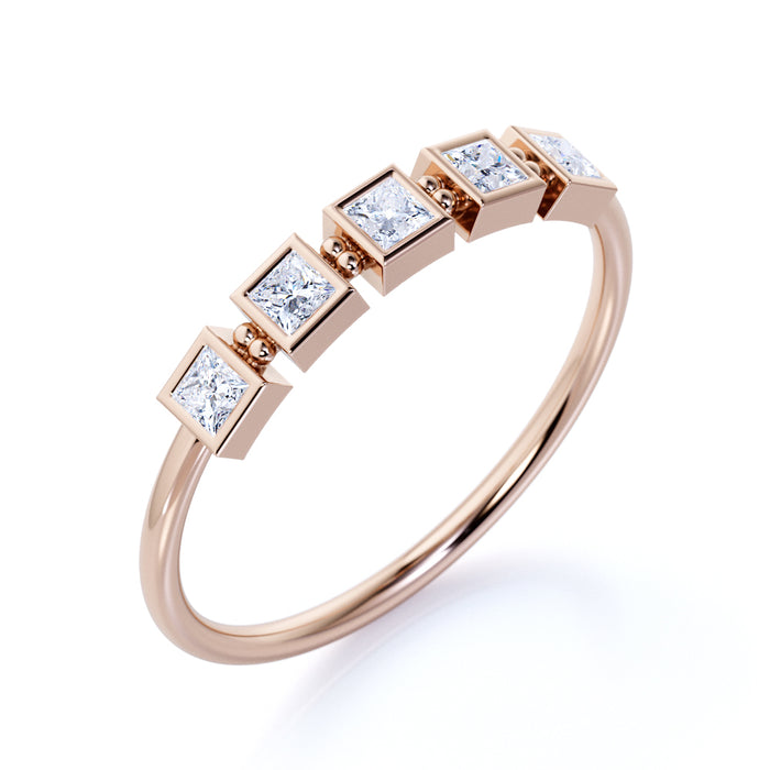 Dainty 5 Stone Princess Cut Diamond  Stacking Wedding Ring Band in Rose Gold