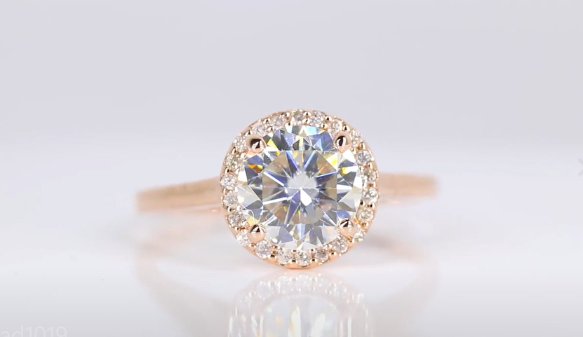 2.25 Carat Round Cut Moissanite and Diamond Halo Engagement Ring in 18K Yellow Gold