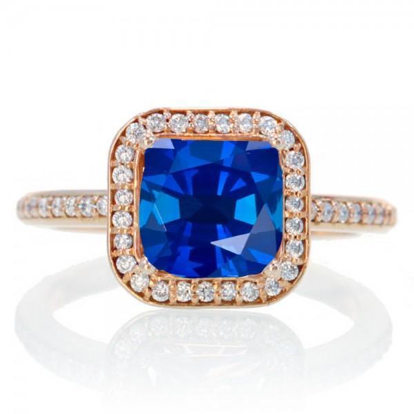 2 Carat Beautiful Cushion Cut Sapphire and Diamond Halo Wedding Ring Set