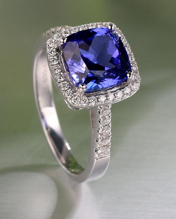 2 Carat Cushion Cut Blue Sapphire and Diamond Halo Engagement Ring