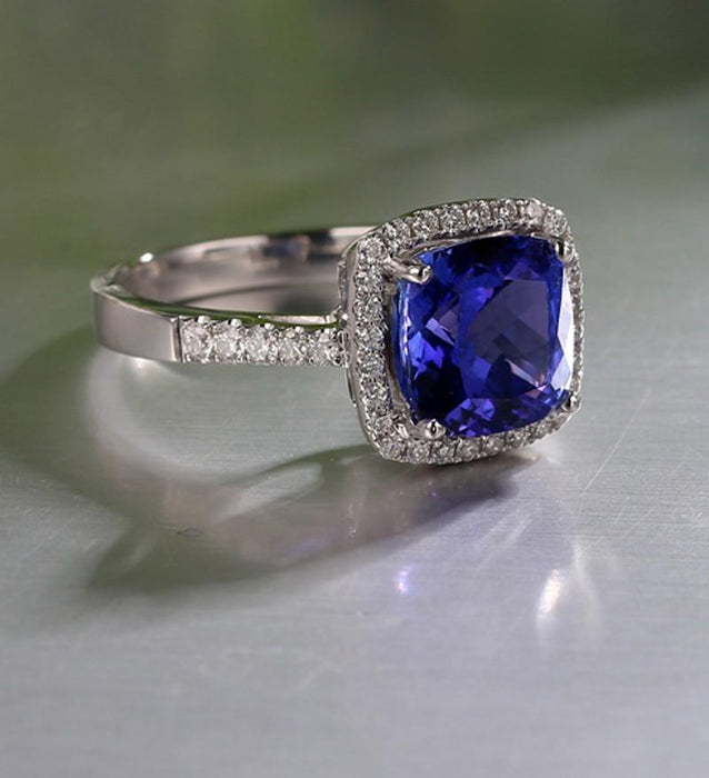 2 Carat Cushion Cut Blue Sapphire and Diamond Halo Engagement Ring
