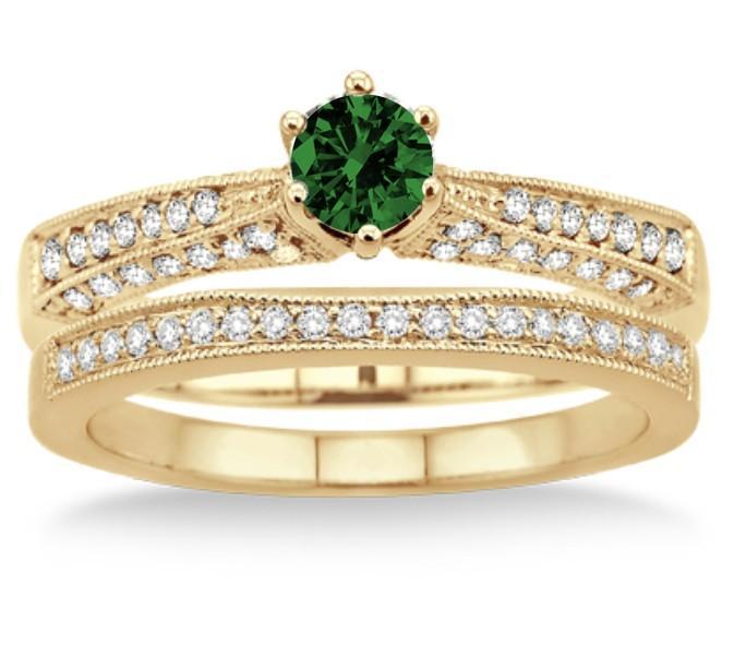 2 Carat Emerald & Diamond Antique Bridal Set Engagement Ring on Yellow Gold