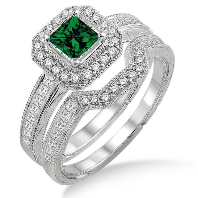 2 Carat Emerald & Diamond Antique Halo Bridal set on 9k White Gold