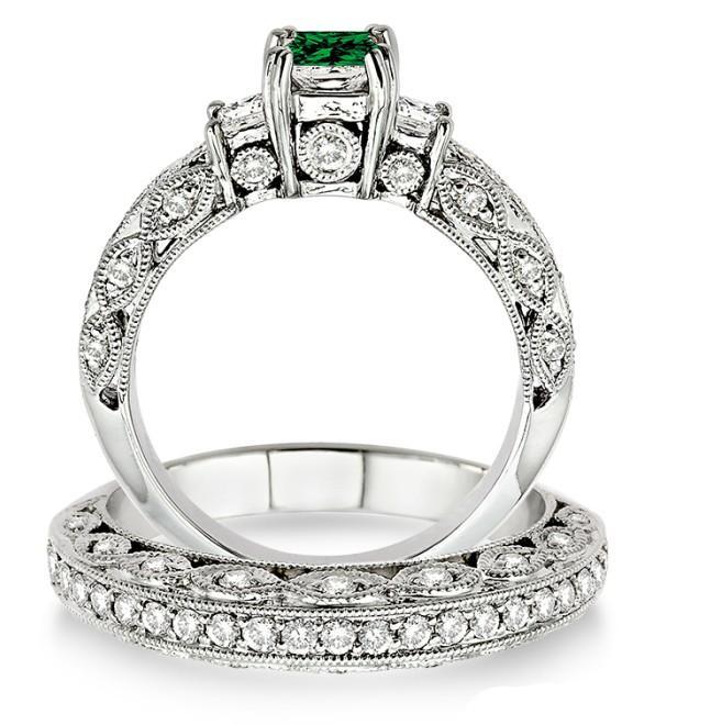 2 Carat Emerald & Diamond Antique Milgrain Trilogy Bridal set on White Gold
