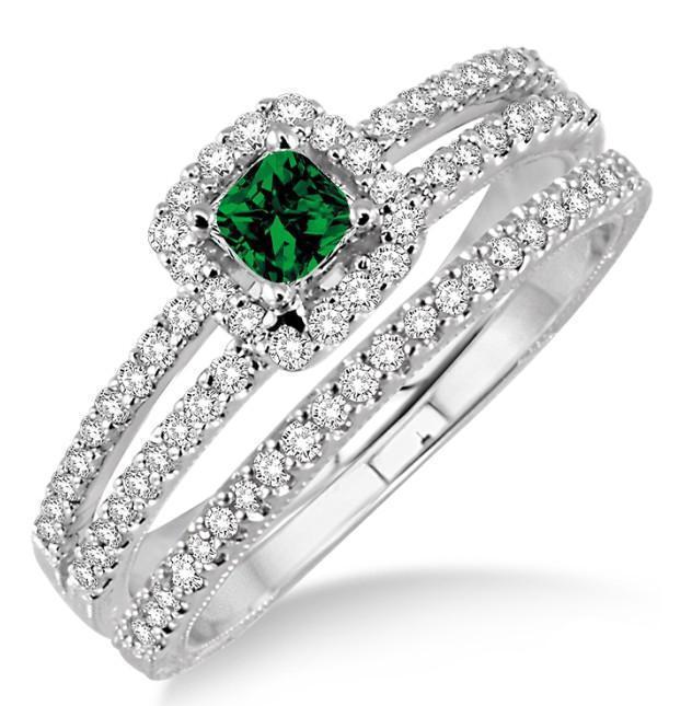 2 Carat Emerald & Diamond Bridal Set two row halo on 9k Yellow Gold