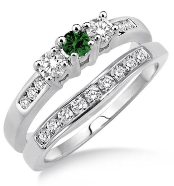 2 Carat Emerald & Diamond Elegant Three Stone Trilogy Round Cut Bridal set on White Gold