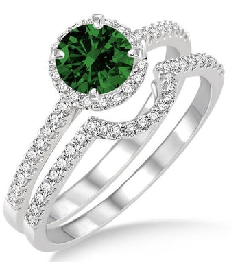 2 Carat Emerald & Diamond Halo Bridal Set Engagement Ring on White Gold