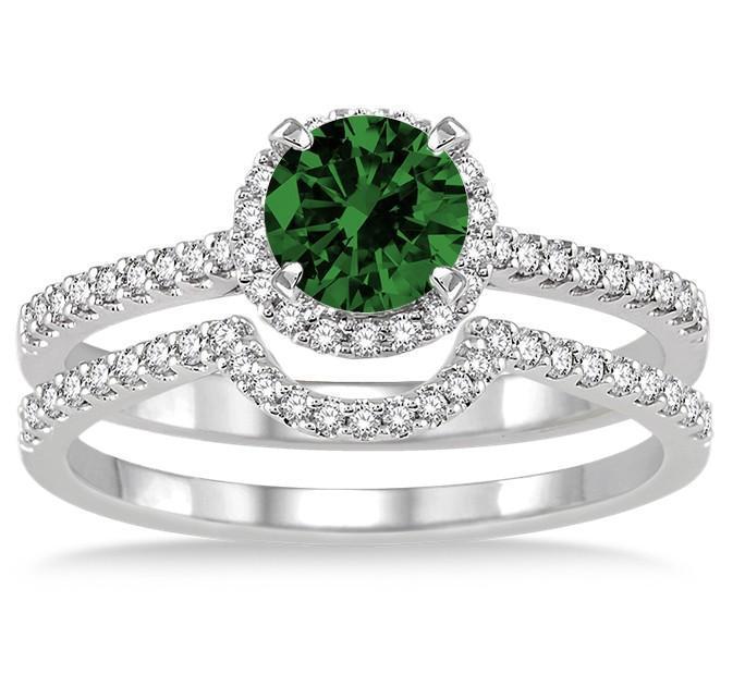 2 Carat Emerald & Diamond Halo Bridal Set Engagement Ring on 9k White Gold