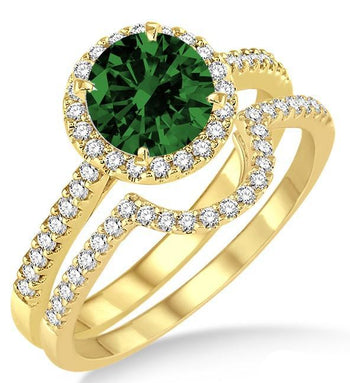 2 Carat Emerald & Diamond Halo Bridal Set Engagement Ring on Yellow Gold