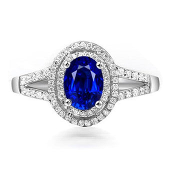 2 Carat Oval Cut Blue Sapphire and Diamond Halo Engagement Ring