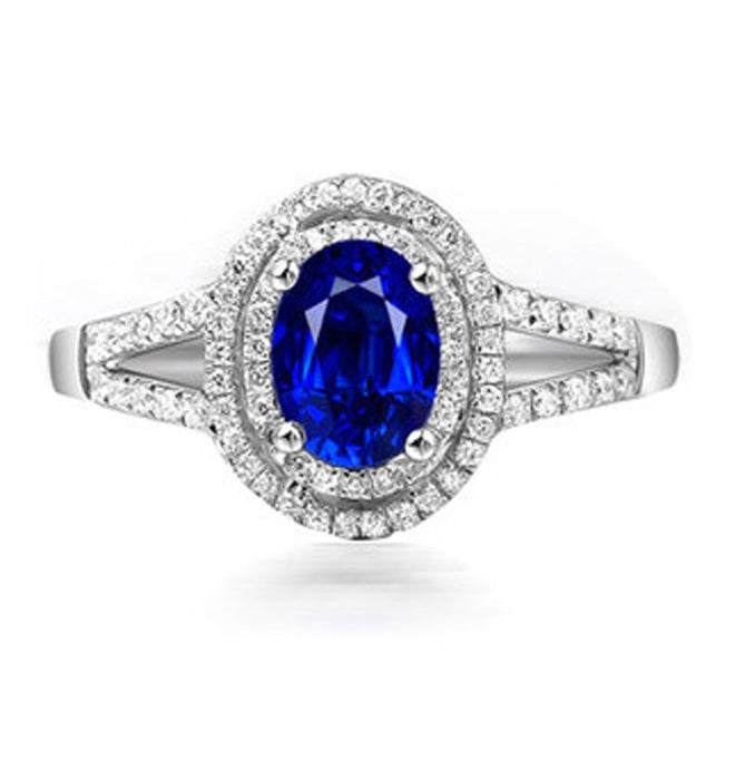 2 Carat Oval Cut Blue Sapphire and Diamond Halo Engagement Ring