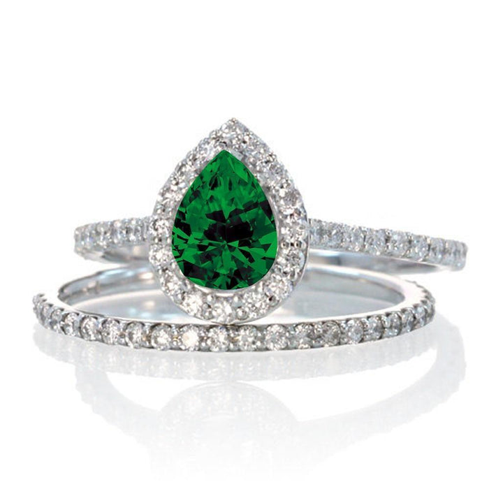 2 Carat Pear Cut Colombian Green Emerald and Diamond Halo Bridal Set for Women in White Gold