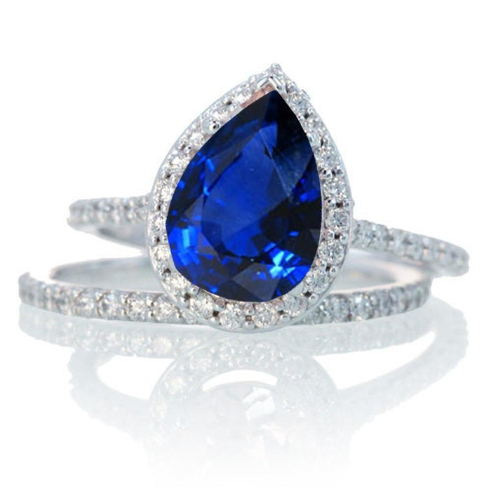 2 Carat Pear Cut Sapphire Halo Bridal Set for Woman in White Gold