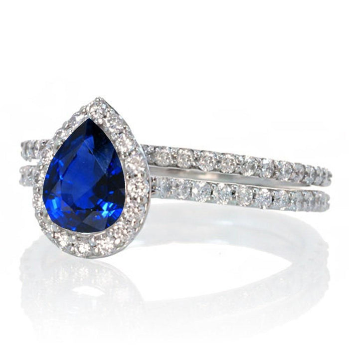 2 Carat Pear Cut Sapphire Halo Bridal Set for Woman in White Gold