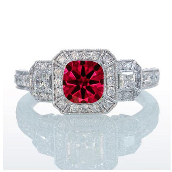 2 Carat Princess Cut Trilogy Ruby and Diamond Vintage Halo Engagement Ring