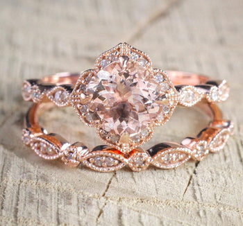 Limited Time Sale 2 Carat Round Cut Morganite and Diamond Halo Bridal Ring Set in Rose Gold