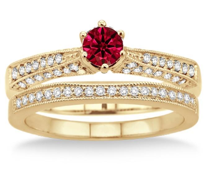1.75 Carat Ruby & Diamond Antique Bridal Set Engagement Ring on Yellow Gold