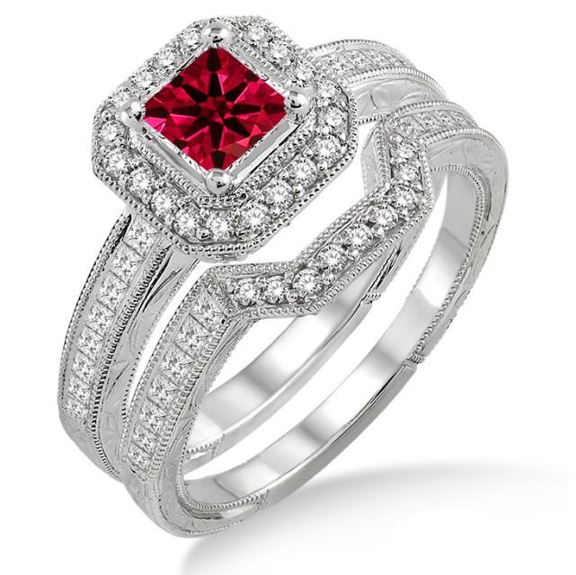 1.75 Carat Ruby & Diamond Antique Halo Bridal set on White Gold