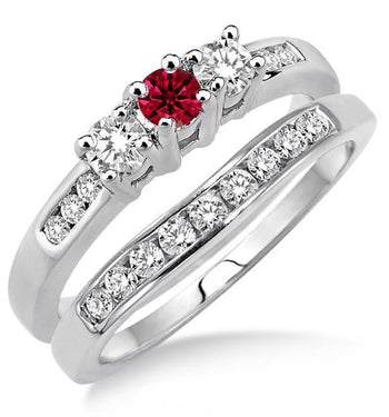 2 Carat Ruby & Diamond Elegant Three Stone Trilogy Round Cut Bridal set on 9k White Gold