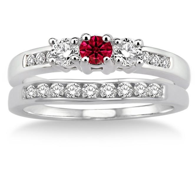 1.50 Carat Ruby & Diamond Elegant Three Stone Trilogy Round Cut Bridal set on White Gold
