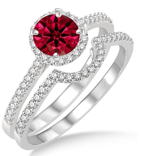 1.75 Carat Ruby & Diamond Halo Bridal Set Engagement Ring on White Gold