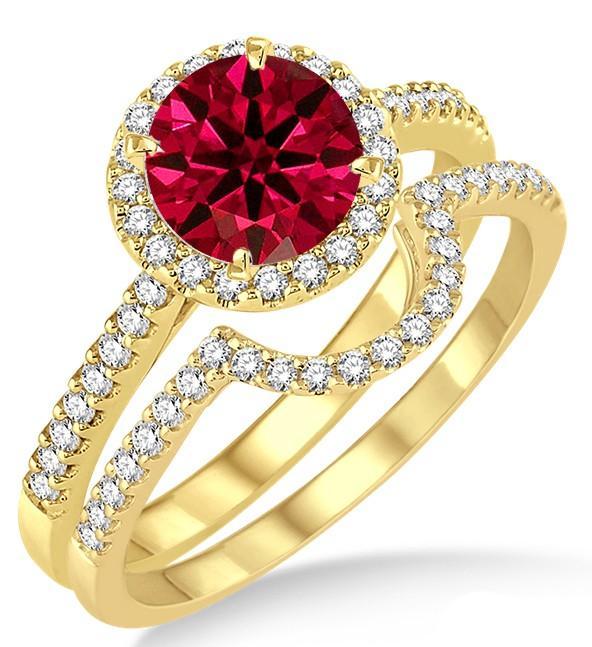 1.75 Carat Ruby & Diamond Halo Bridal Set Engagement Ring on Yellow Gold