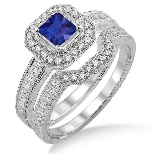 2 Carat Princess Cut Sapphire and Diamond Antique Halo Bridal Ring Set in White Gold