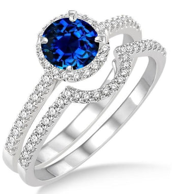 2 Carat Sapphire and Diamond Halo Bridal Set Engagement Ring in White Gold