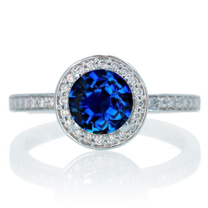 2 Carat Unique Classic Halo Round Sapphire and Diamond Bridal Ring Set