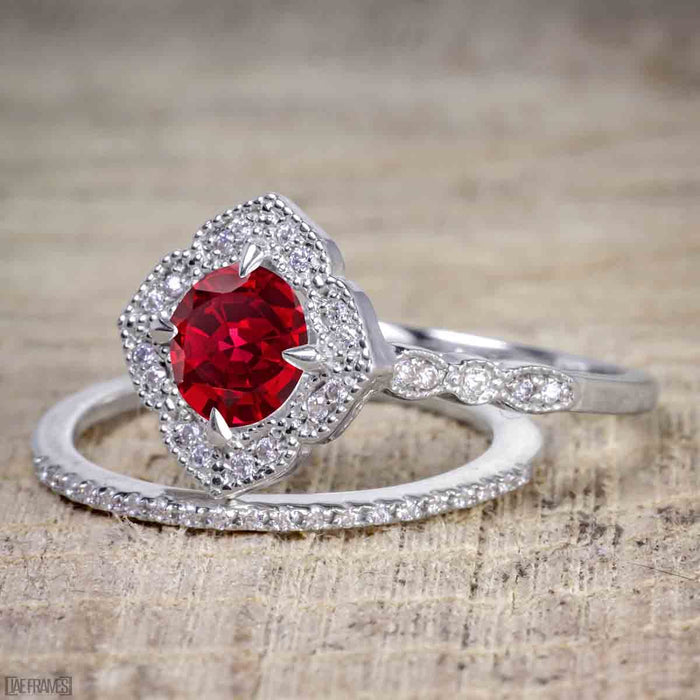 Affordable pair 2 Carat Ruby and Diamond Antique Wedding Ring Set in White Gold