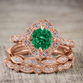 Bestselling 2.50 Carat Emerald and Diamond Halo Trio Wedding Bridal Ring Set in Rose Gold