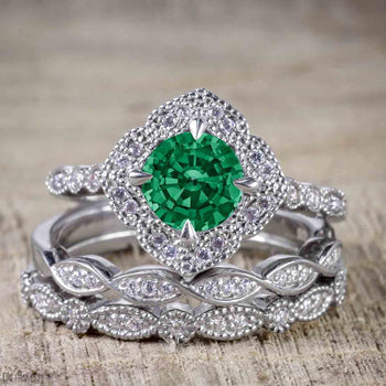 Bestselling 2.50 Carat Emerald and Diamond Halo Trio Wedding Bridal Ring Set in White Gold